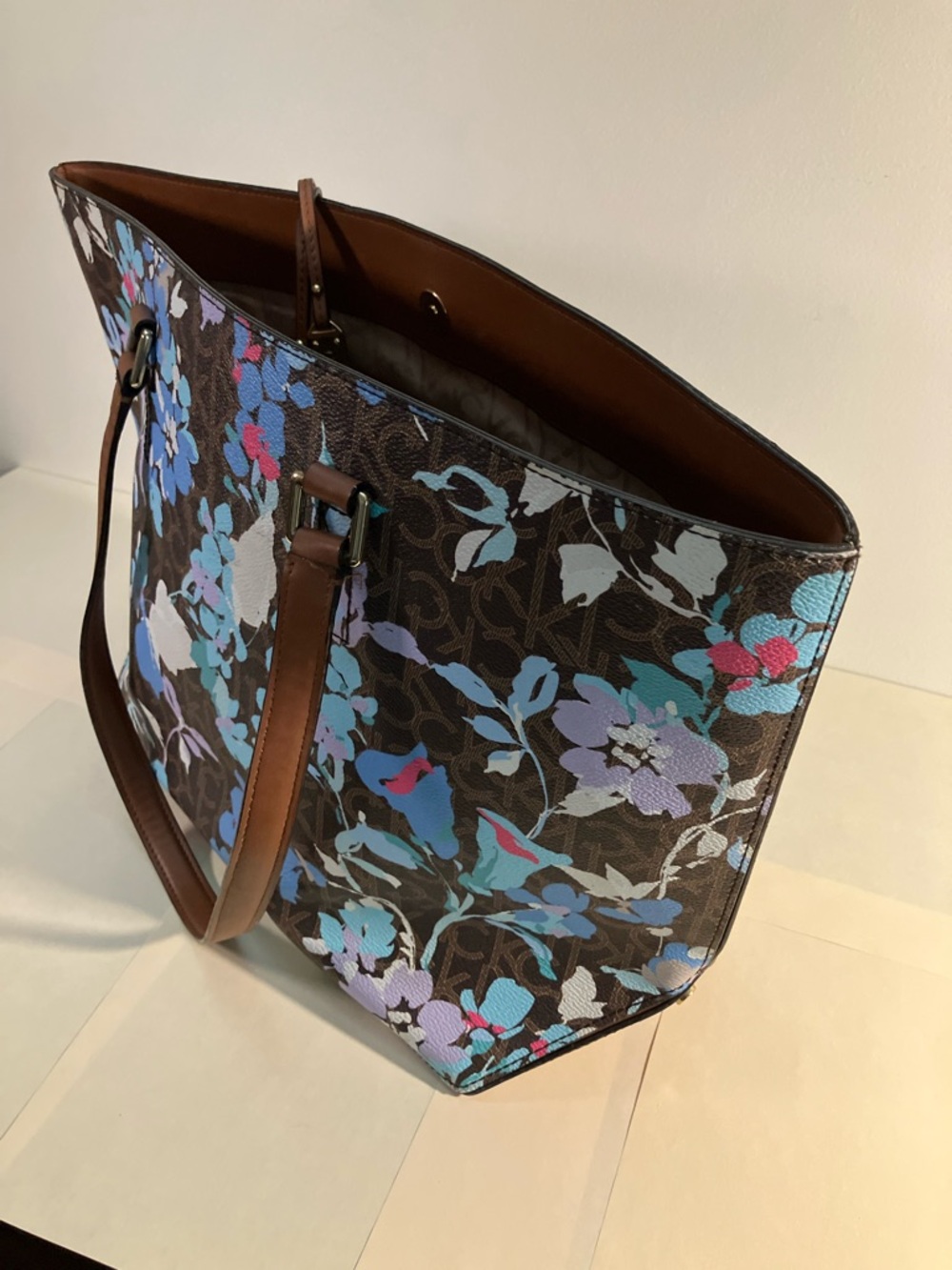 Calvin Klein Brown Floral Tote with Blue, Purple & Pink Accents - Picture 7 of 8